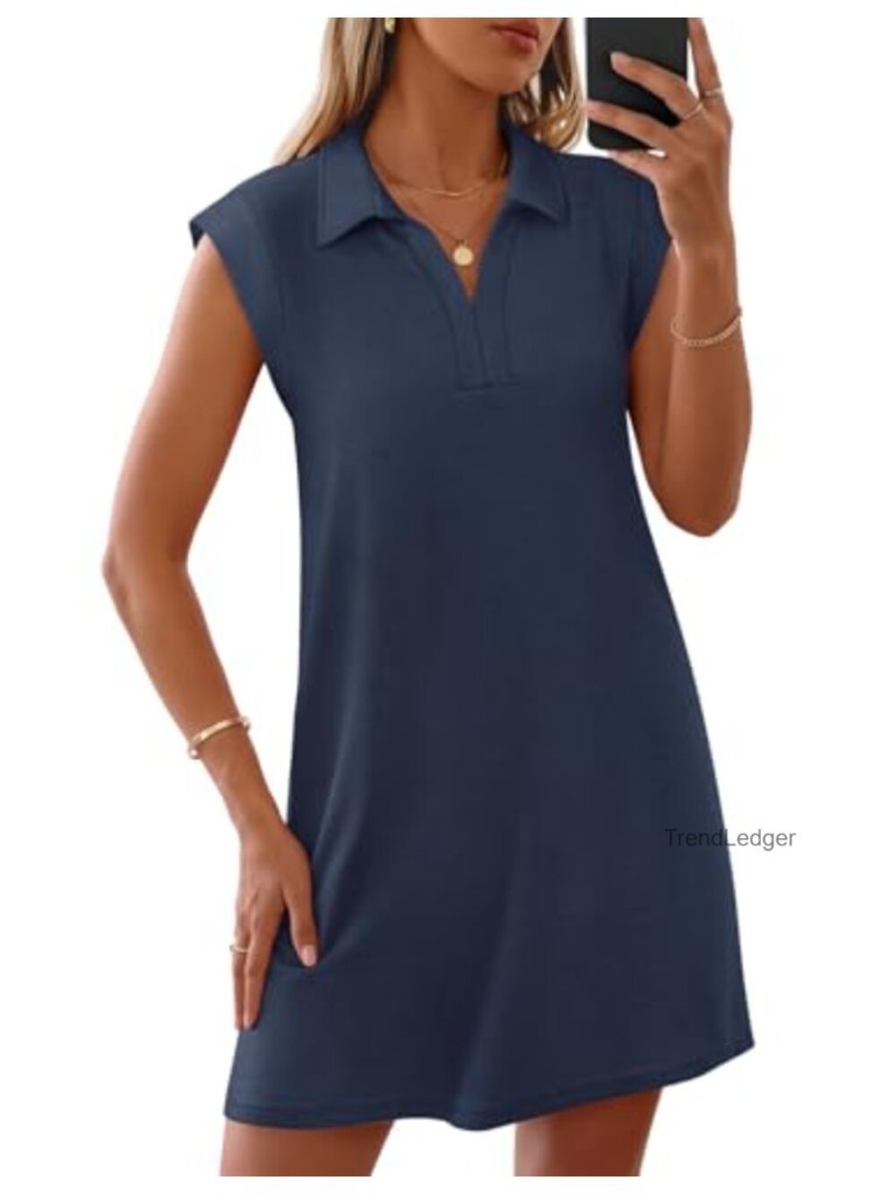 Women's V Neck Collared Loose Fit Mini T Shirt Dress with Pockets